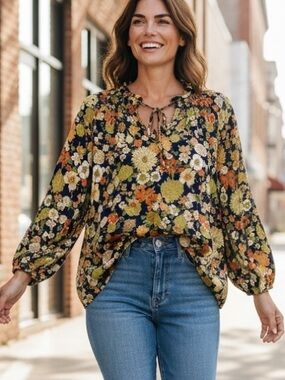 ANTHROPOLOGIE Women’s Floral Tie-Neck Blouse - Navy Multi Boho Embroidered sz 8